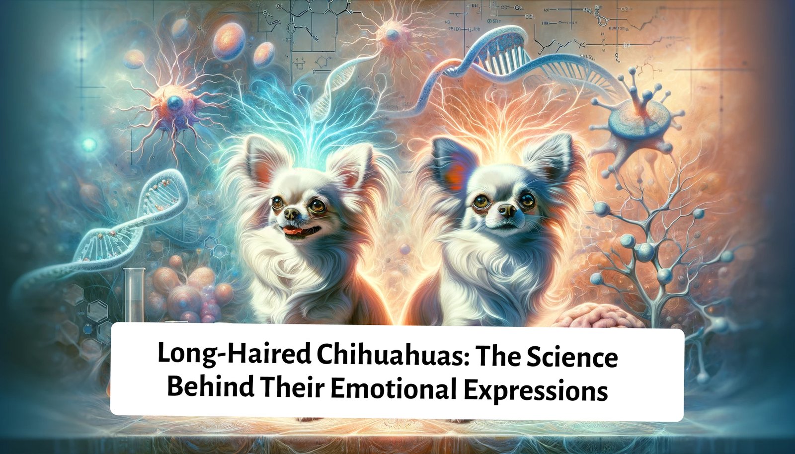 Long-haired Chihuahuas with diverse emotional expressions on a scientific-themed background, featuring DNA strands and lab equipment.