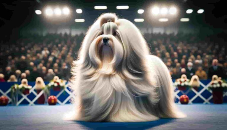 A Havanese dog with long, flowing hair is standing proudly in the middle of a show ring.