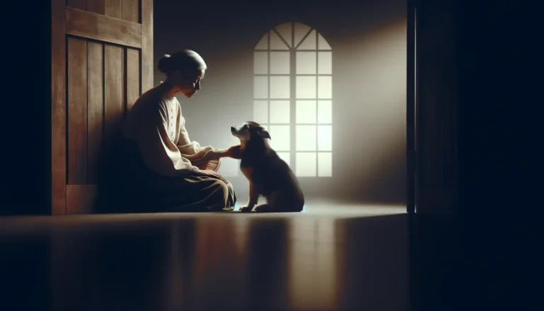 A woman comforting a sad-looking dog, offering support and care to her distressed pet.