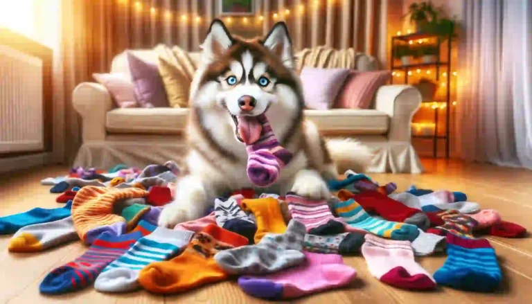 A delightful scene featuring a Siberian Husky playfully engaging with a collection of colorful socks.