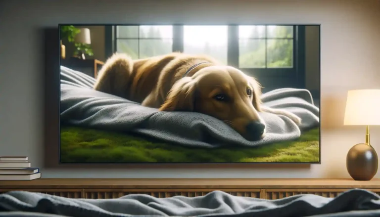 Relaxed dog comfortably lying on the floor, resting in a calm and serene indoor environment.