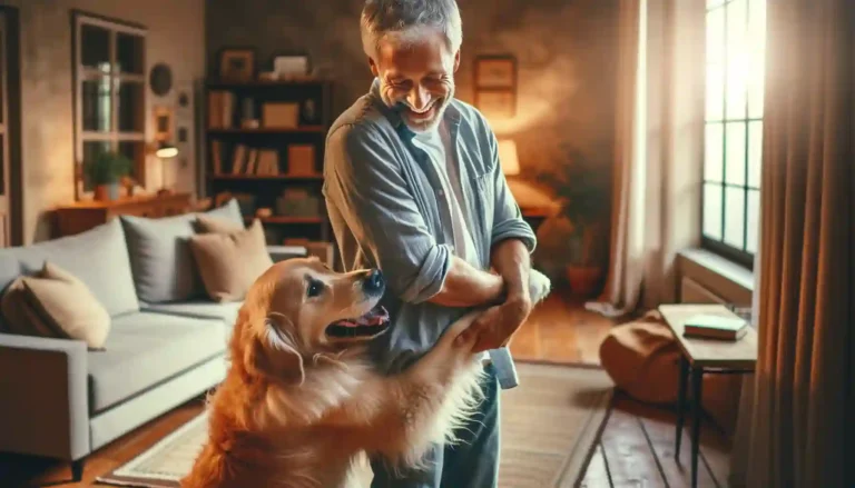 A loyal dog showing affection by gently hugging its owner's leg