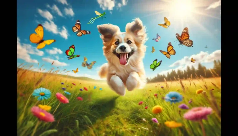 A playful scene in a sunny, grassy meadow. In the foreground, a joyful dog, mid-leap, is chasing colorful butterflies