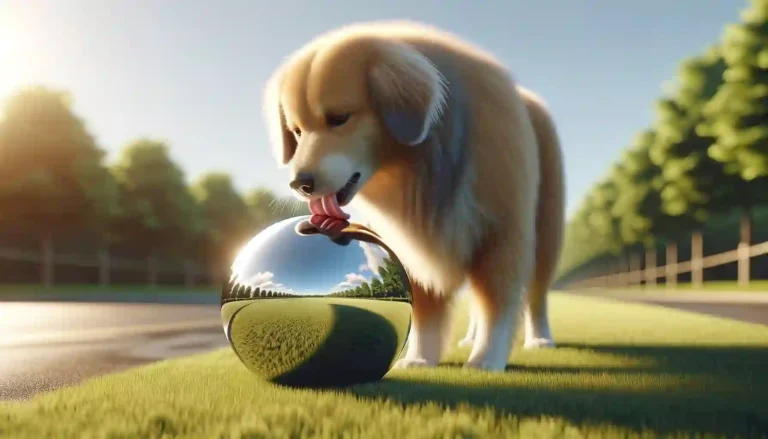 A realistic image of a dog licking a metal object.