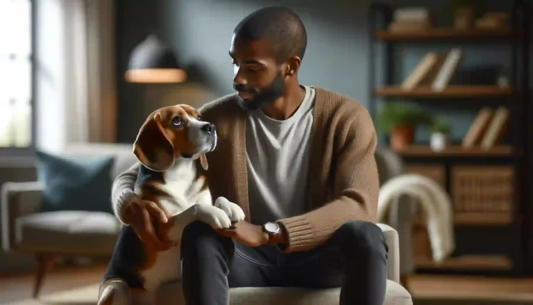 A touching and realistic scene of a medium-sized dog sitting on the lap of its owner.