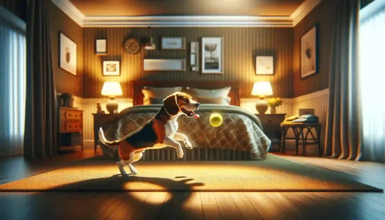 Adorable Beagle Enjoying Playtime with Tennis Ball in a Comfortable Bedroom - Cute Dog Activity in a Cozy Home Environment