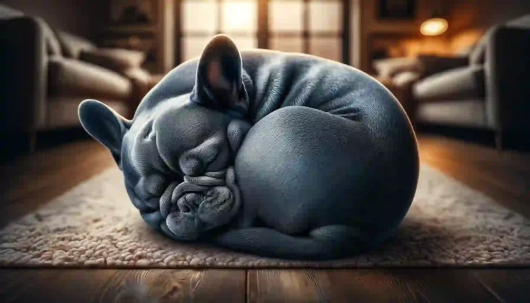 Adorable Blue French Bulldog in Bulldog Ball, a fluffy doughnut-like pose