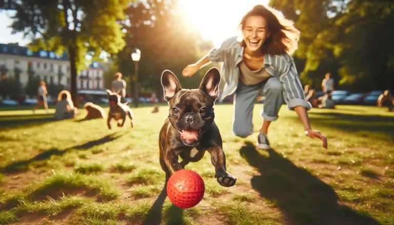 Adorable French Bulldog engaging in playful activities with her owner.