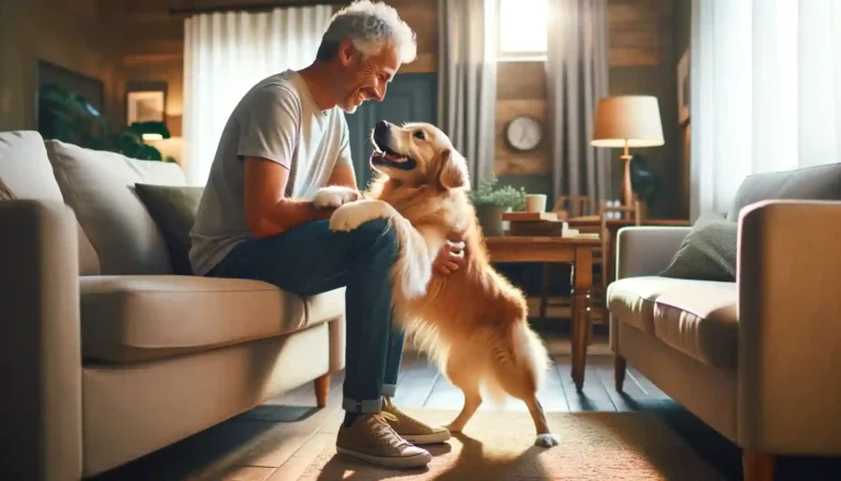 Adorable Scene Affectionate Dog Clinging to Owner's Leg with Love in a Cozy Indoor Living Room Atmosphere