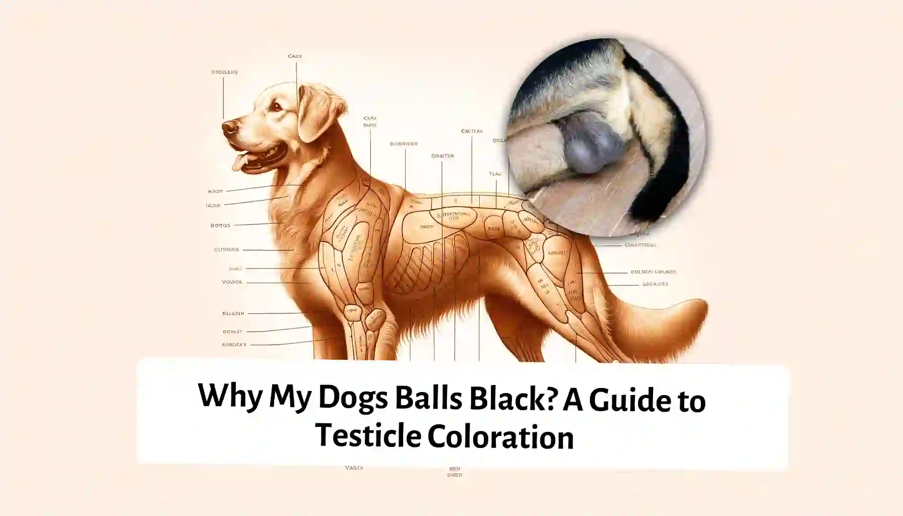 Anatomical diagram of a dog highlighting black testicle coloration, detailed canine reproductive system illustration