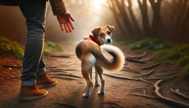 Anxious dog with tail tucked between legs, displaying signs of stress and unease in a domestic setting.