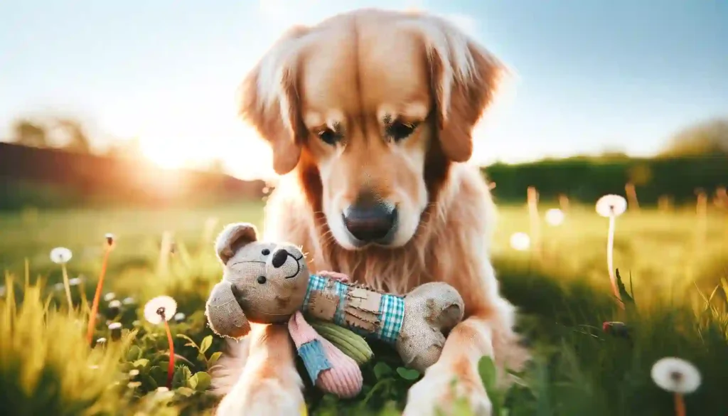 Attentive dog sitting calmly and gazing at its toy, showing interest and curiosity.