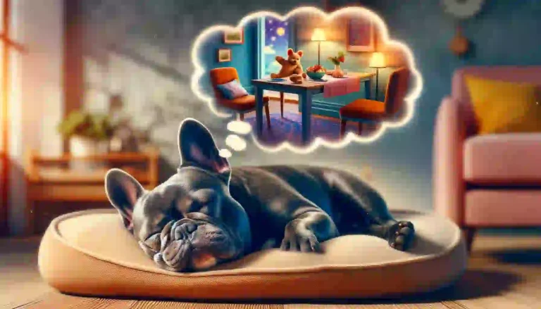 Blue French Bulldog vividly dreaming, capturing the charm of a whimsical nap