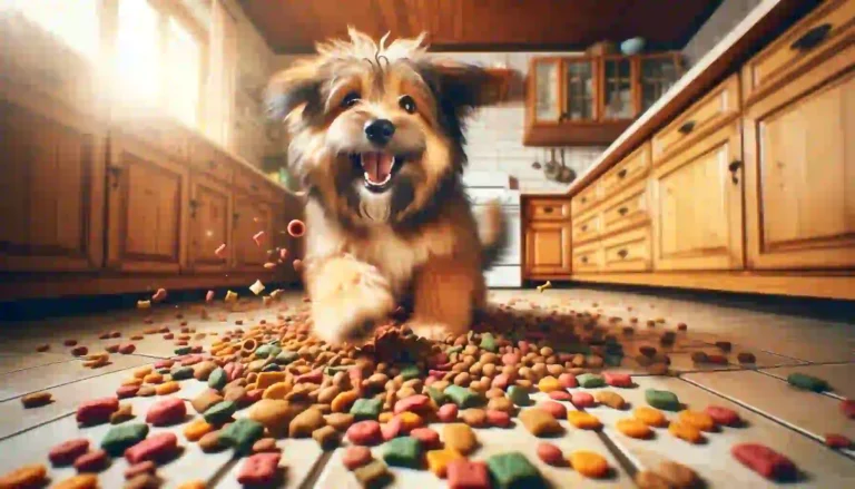 Canine Enjoying Playtime with Dog Food in Kitchen