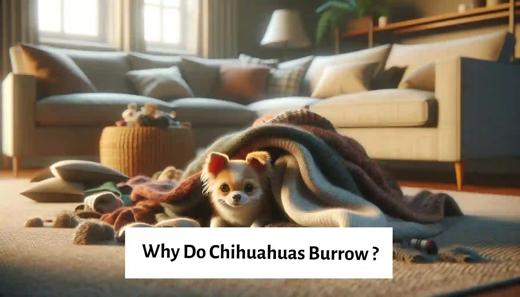 Charming Chihuahua Nestled in Blankets and Cushions in a Warm and Inviting Living Room Atmosphere