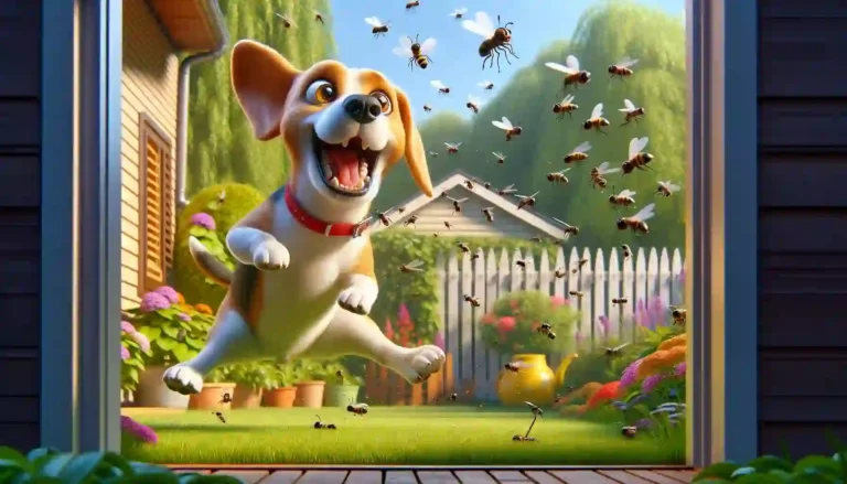 Cheerful beagle enjoying a playful bug-catching moment in a lively suburban backyard.