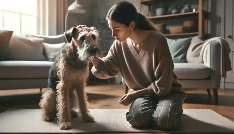 Comforting Scene Owner Soothing an Irritated Dog in a Calm and Serene Living Room Setting