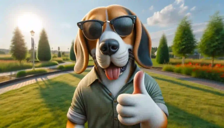 Cool Beagle sporting sunglasses and expressing approval with a thumbs-up gesture