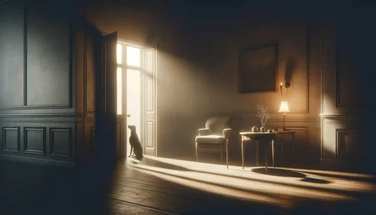 A serene and evocative image showing an empty room bathed in subtle, warm lighting, creating a quiet