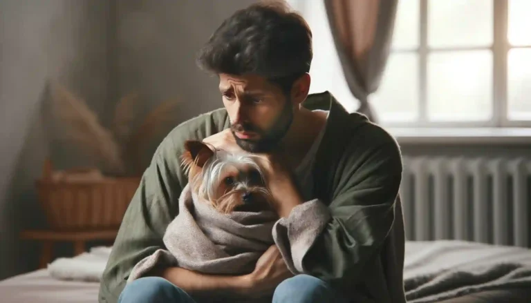 Anxious owner providing comfort by cuddling a sick Yorkie dog.