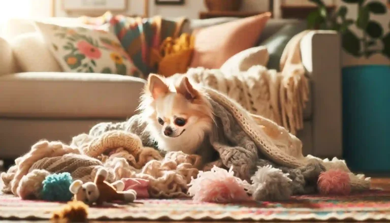 Enchanting Chihuahua Snuggled in a Cozy Nest of Soft Blankets and Fluffy Pillows