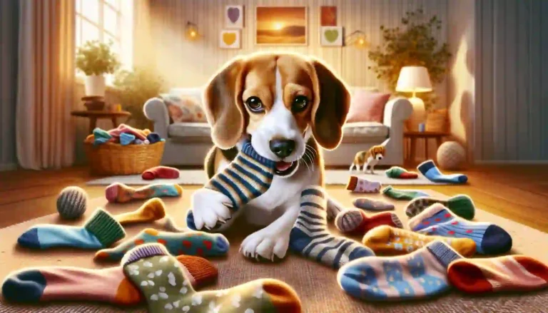 Charming Beagle dog immersed in playful antics with an array of colorful socks.