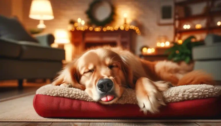 Dog Sleeping with Its Tongue Out in a Cozy Living Room Setting