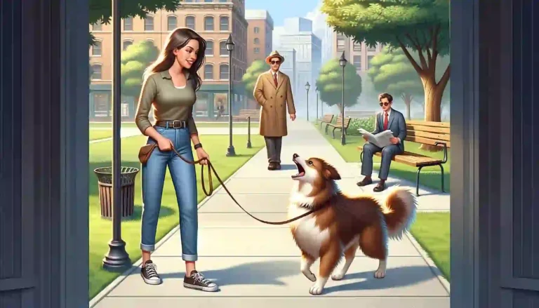 Dog barking at owner in a park setting