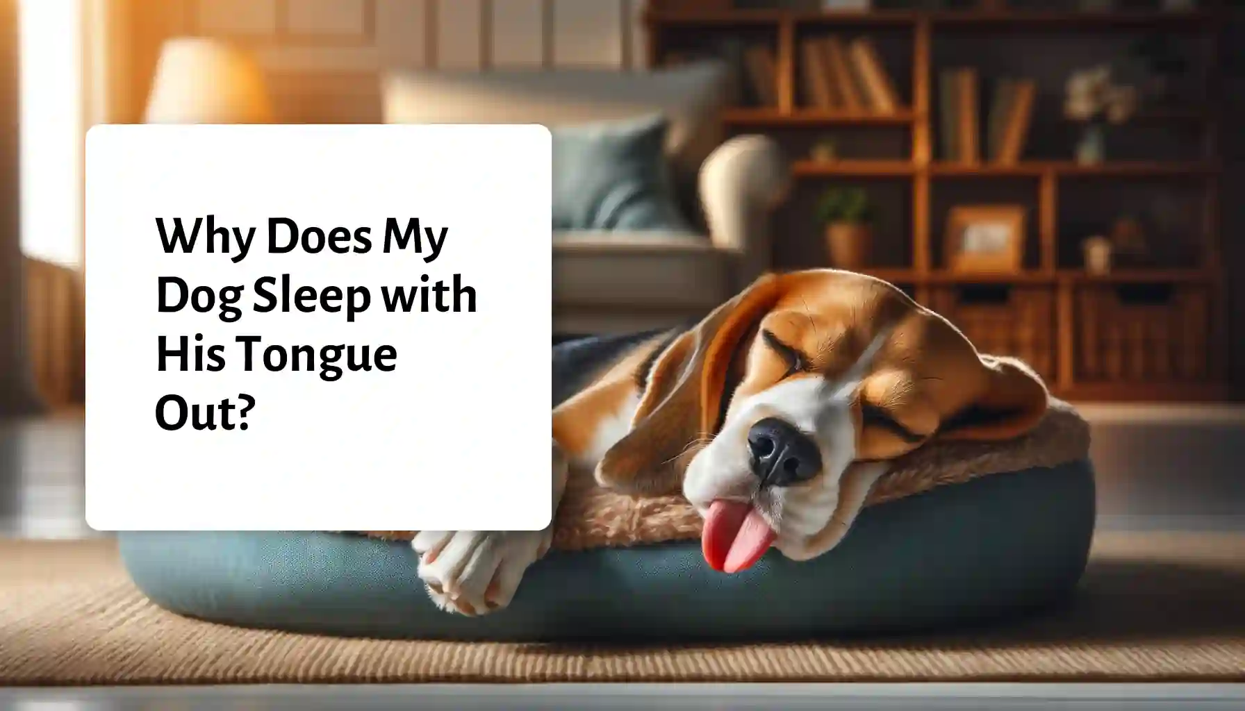 Dog peacefully sleeping with tongue out in a cozy living room setting.