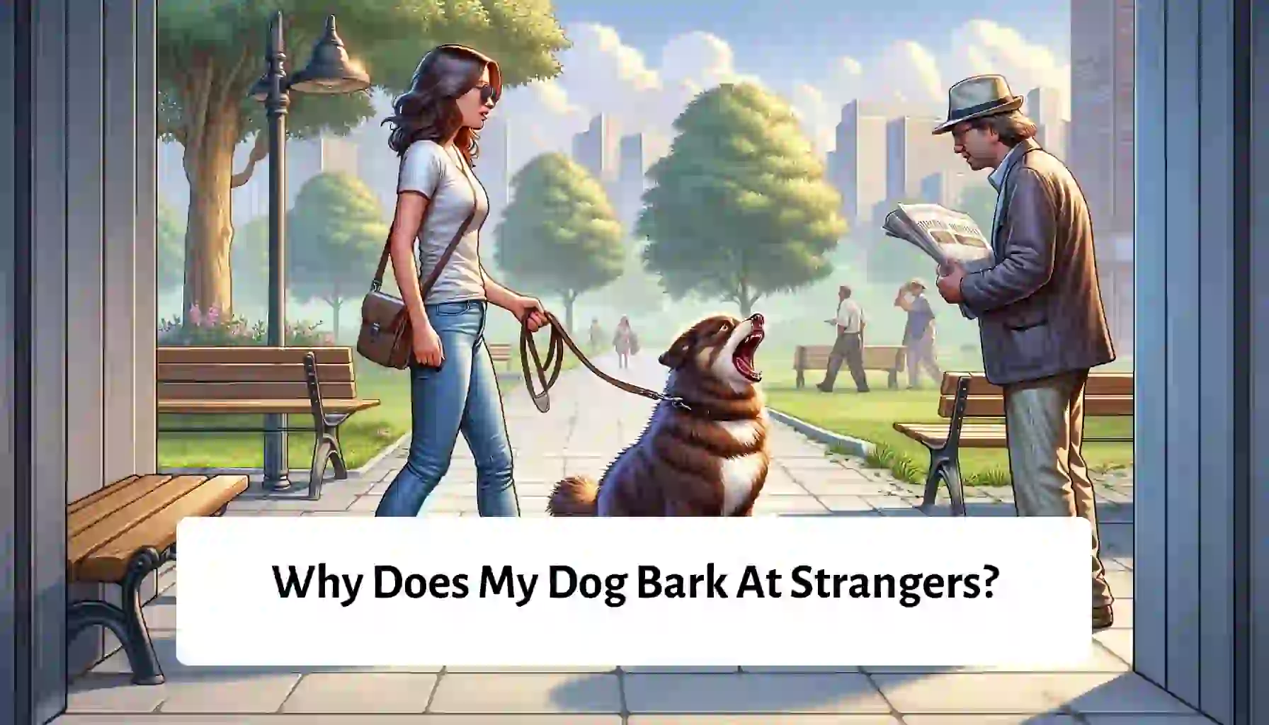 Dog walking in park, barking at stranger - canine behavior during outdoor stroll with owner