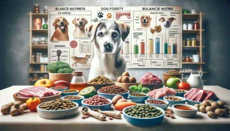 Dog with Nutritious Food Spread on Table - Canine Health and Balanced Diet Concept