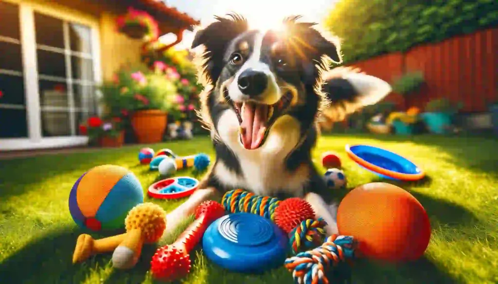 Energetic Border Collie Delighting in Colorful Backyard Play with Diverse Dog Toys on Vibrant Green Grass