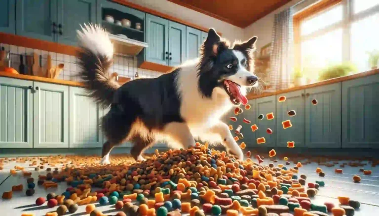 Energetic Border Collie Having Fun and Creating a Mess with Food in the Kitchen