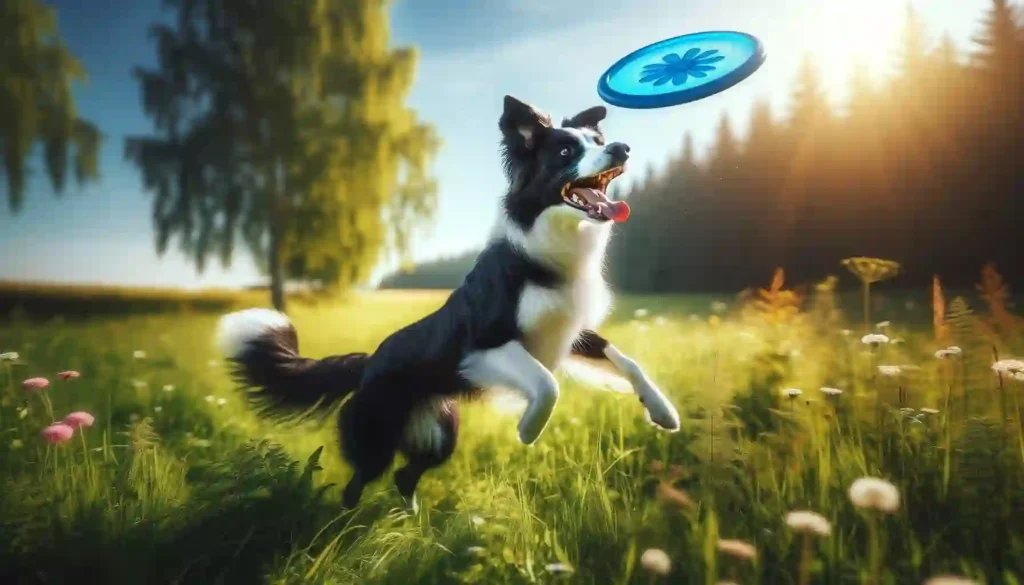 Energetic Border Collie having fun with a vibrant blue frisbee in a sunlit meadow