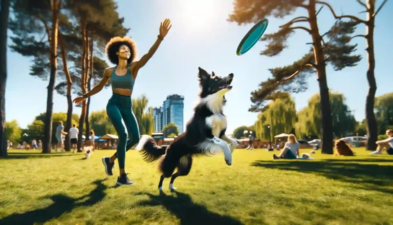 Energetic dog enjoying a game of fetch with its owner on a sunny day in the park