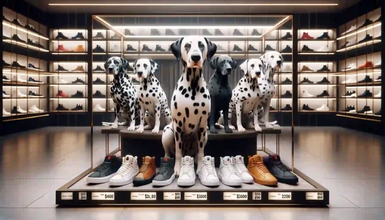 Exclusive Collection of Dalmatians Showcasing Variety and Rarity, Including Classic and Unusual Color Variants, in a Luxurious Marketplace Setting