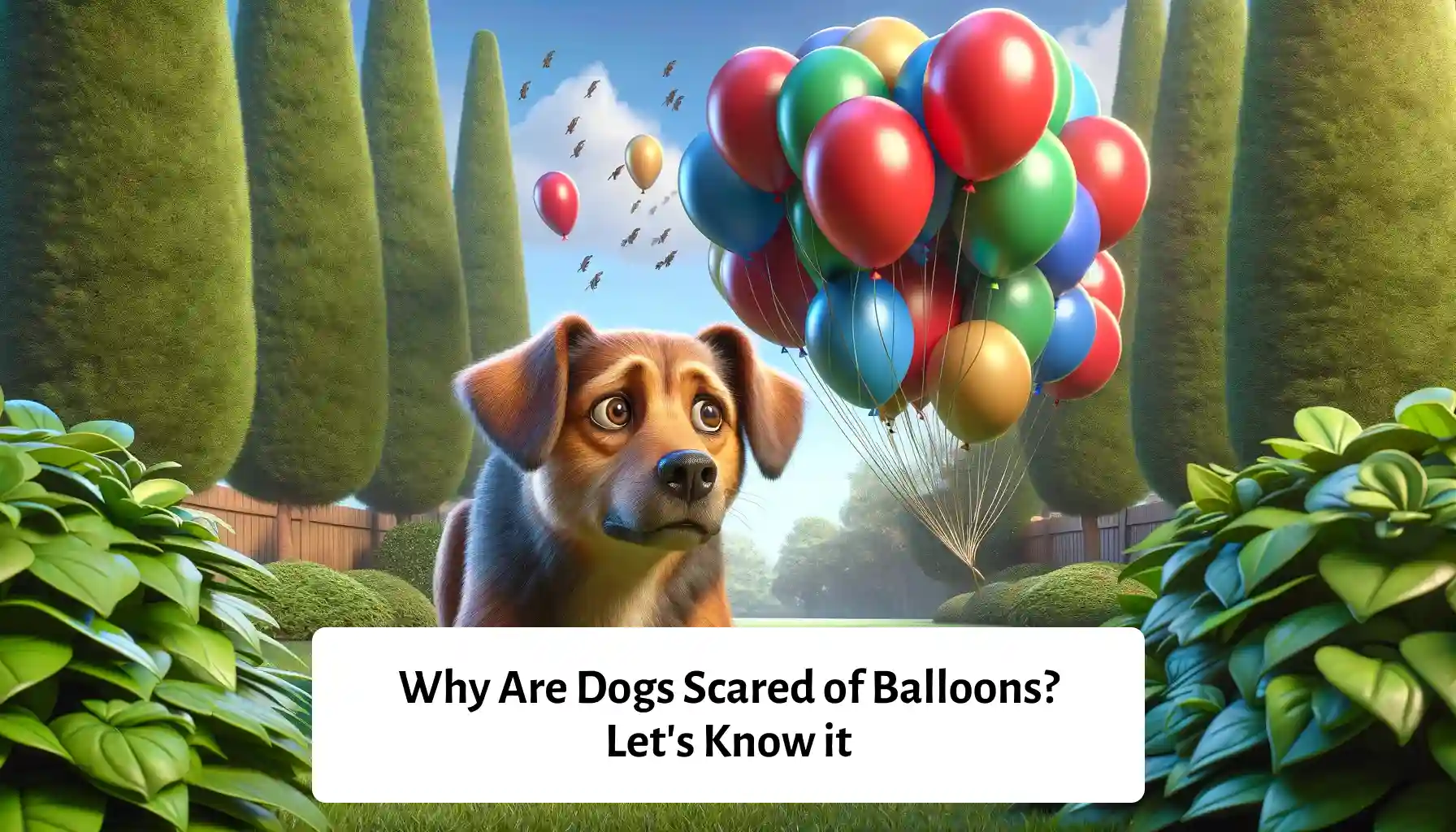 Frightened dog cautiously backing away from colorful balloons, expressing fear and unease.