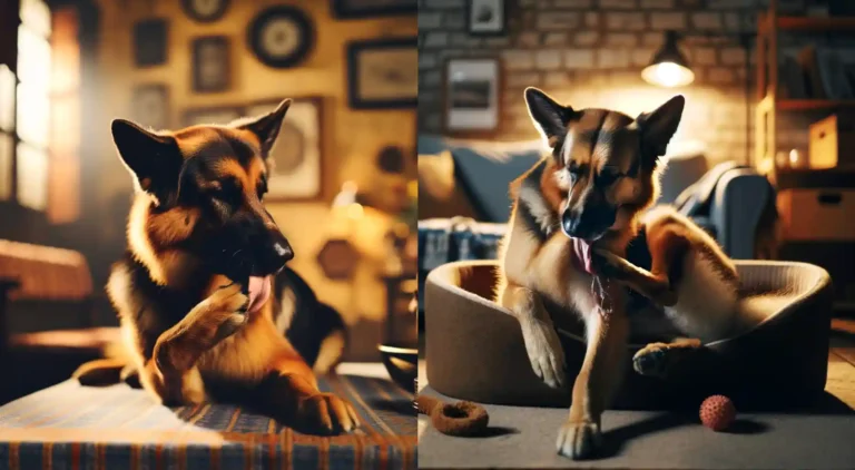 German Shepherd licking its body, depicted in a comfortable indoor setting.