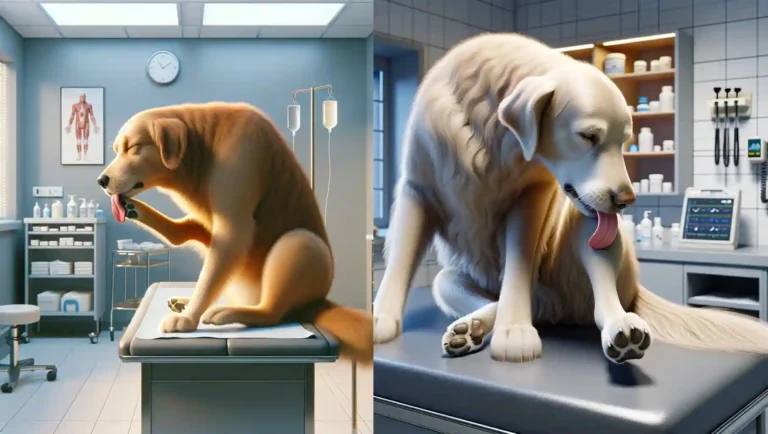 Golden Retriever licking its leg while sitting on an examination table in a pet clinic