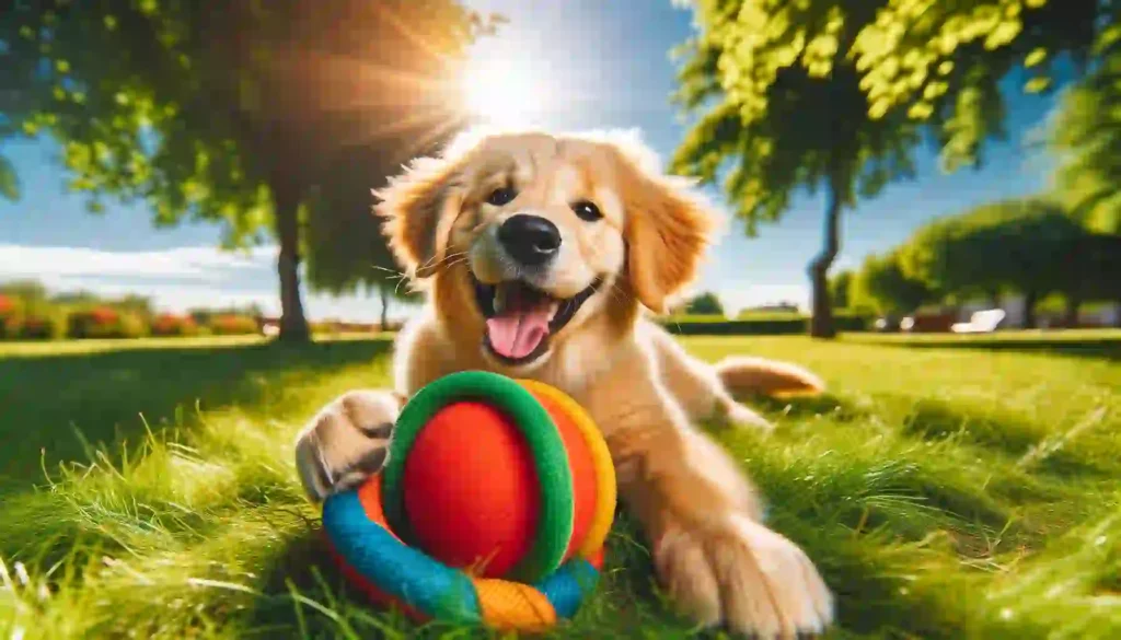 Happy dog enjoying playtime with a vibrant toy in a sunlit park