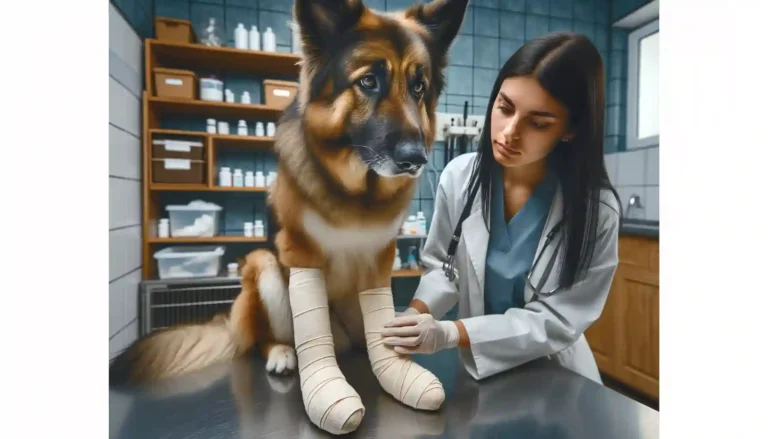 Injured Dog with Leg Bandage Under Care of Veterinary Nurse - Pet Healing and Support