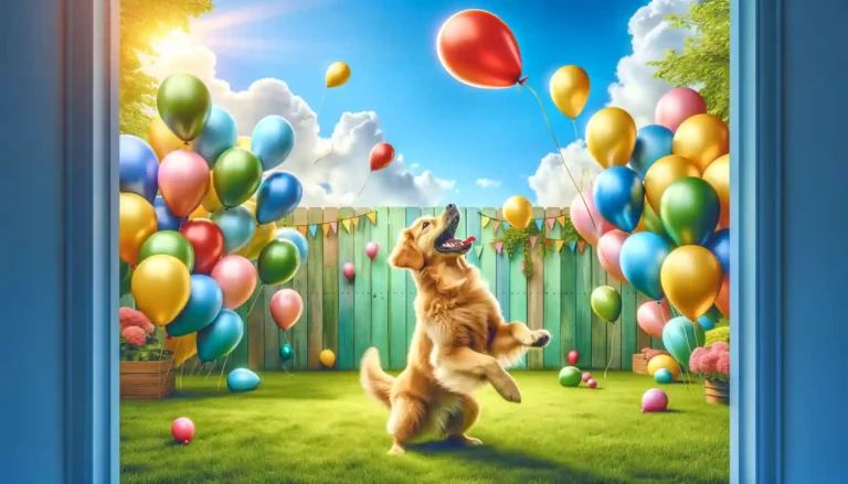 Joyful dog energetically playing with a colorful balloon in an open space, displaying playfulness and happiness.