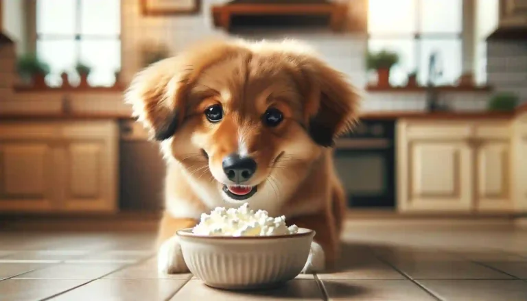 Labrador dog eating cottage cheese on a kitchen floor.