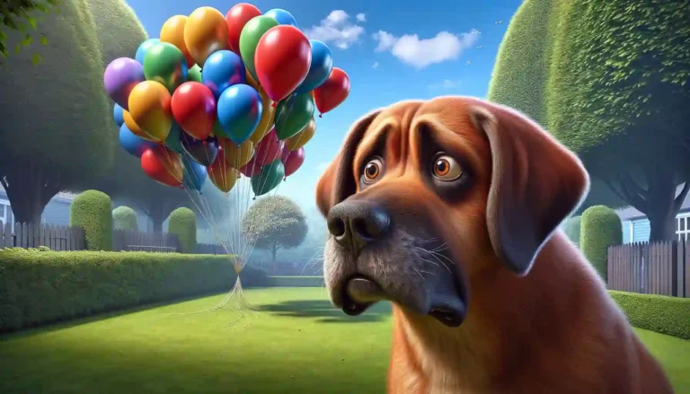 Nervous dog maintaining distance from a balloon, showing signs of fear and apprehension.