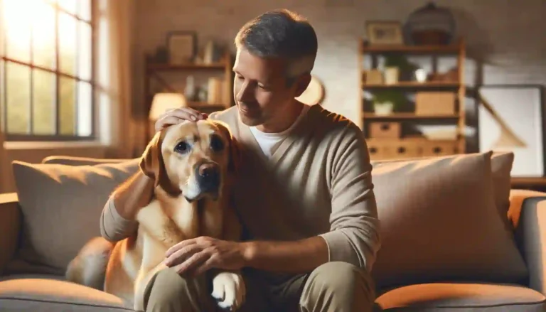 Pet owner showing affection and care to his loyal dog, providing comfort and reassurance in a loving moment.