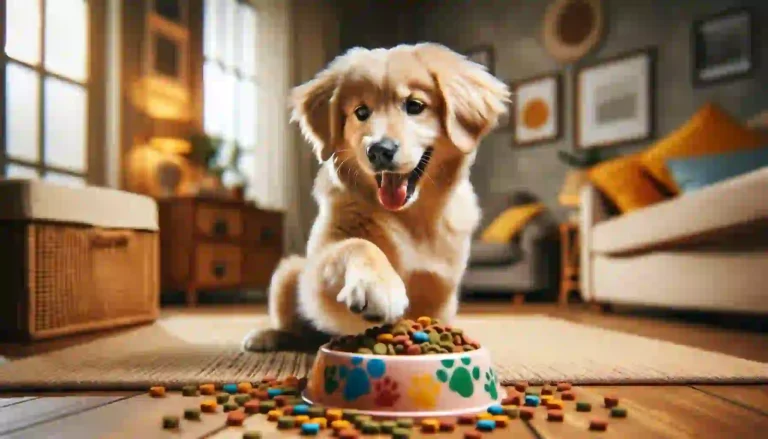 Playful Dog Engaging with Food in a Living Room Setting