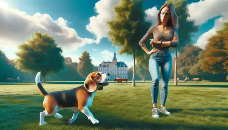 Resolute female owner dealing with her Beagle dog's antics in a park scenario