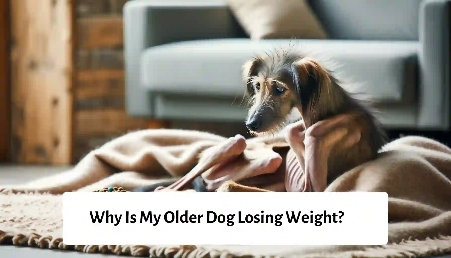 Senior white-haired dog displaying signs of aging and weight loss