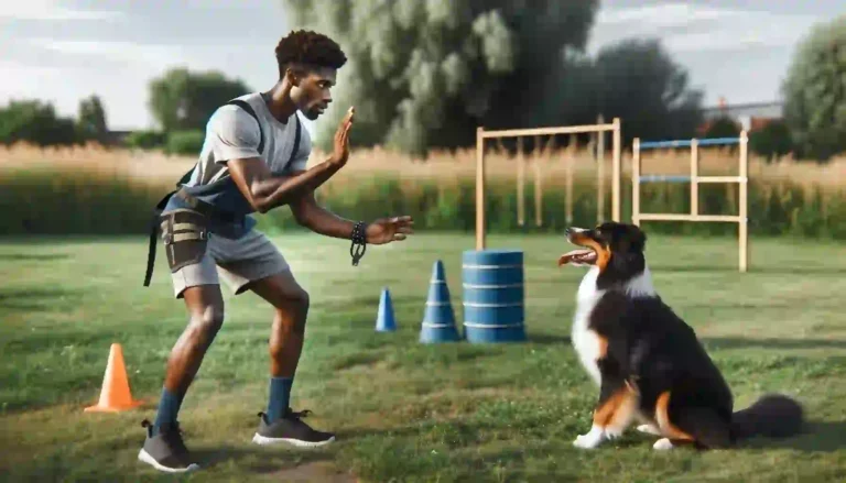 Skilled dog trainer actively engaging with a dog in a training session, demonstrating teaching new commands and behaviors in a controlled environment.