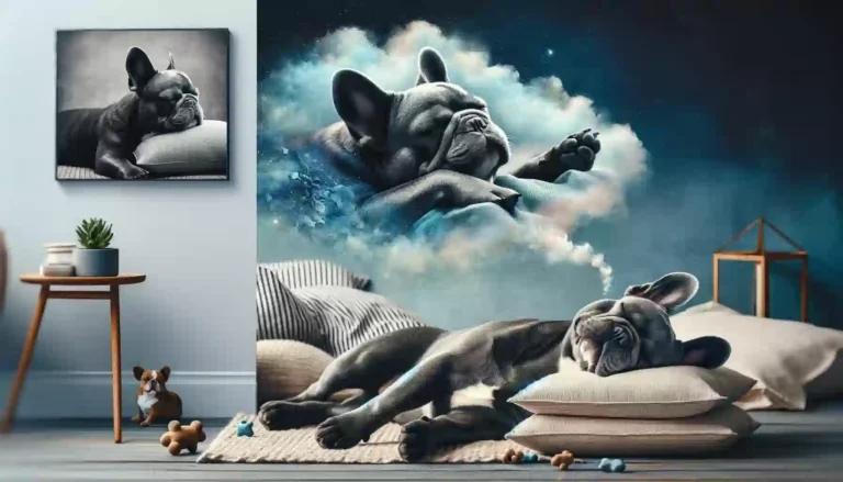 Two serene French Bulldogs, one sleeping gracefully on its back and the other on its side, portraying a calm and relaxed state